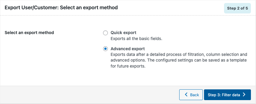 Selectarea metodei avansate de export