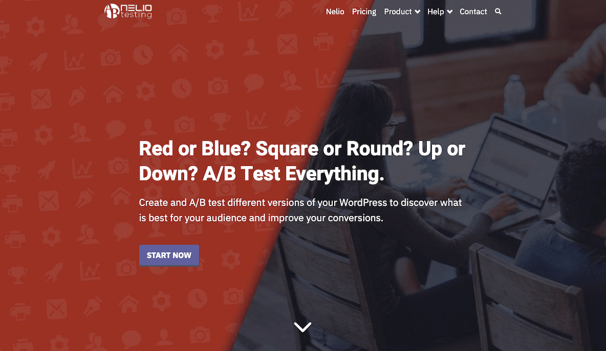 Nelio A/B Testing의 랜딩 페이지에 대한 첫 번째 접기의 변형입니다.