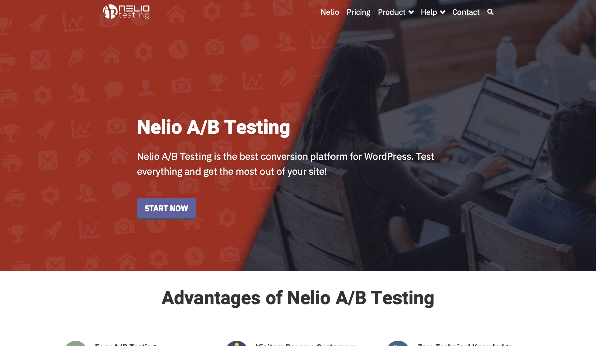 Nelio A/B Testing のランディング ページの最初の折り目の元のバージョン。