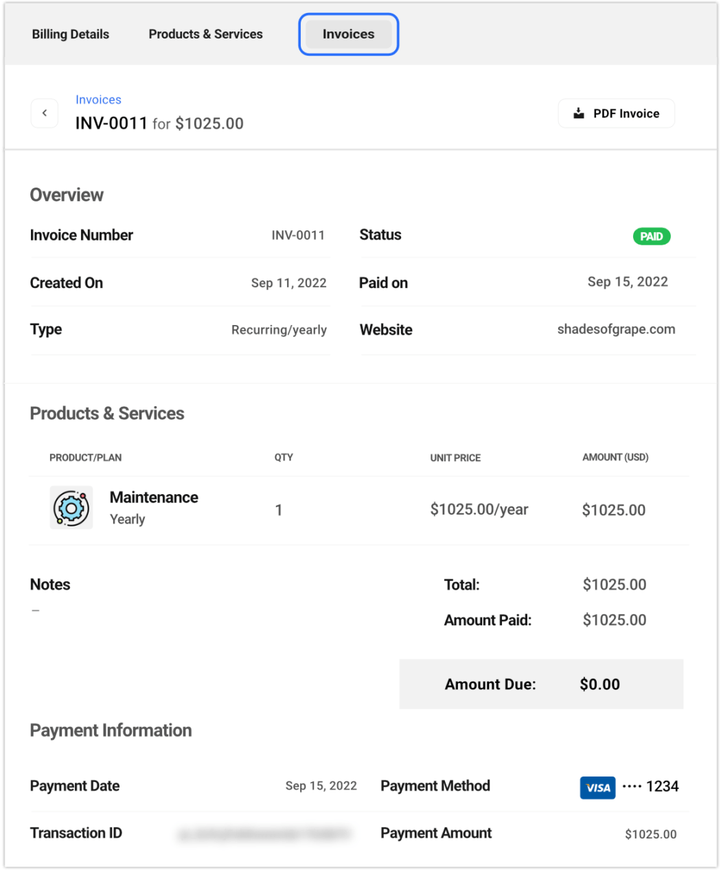 detalhes de pós-pagamento da fatura do cliente