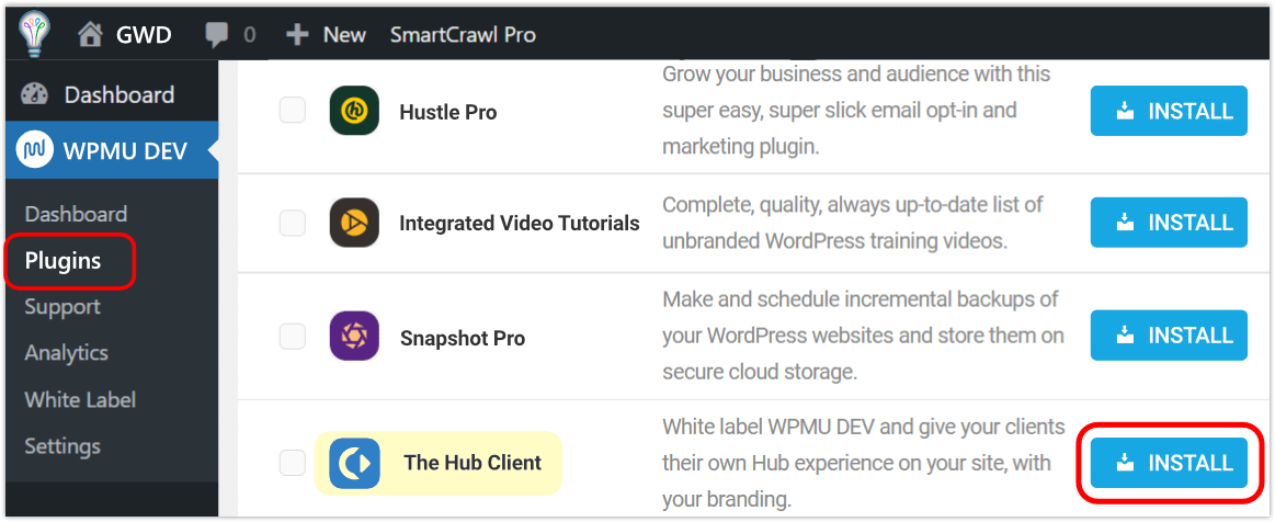 ไคลเอนต์ฮับ wpmudev แดชบอร์ดติดตั้ง