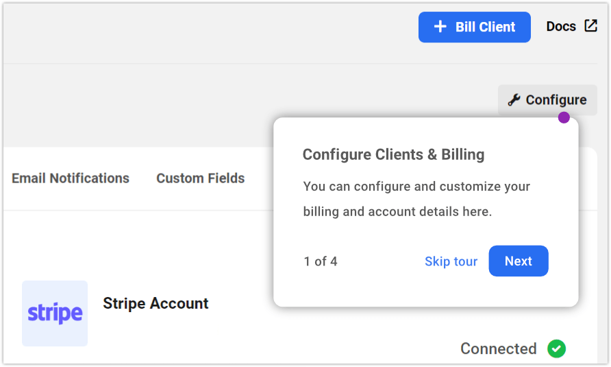 tour de configuration de la facturation client