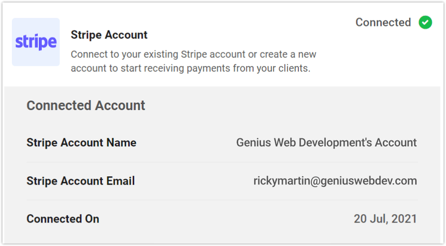 Stripe-Kontoeinstellungen im Hub Clients+Billing