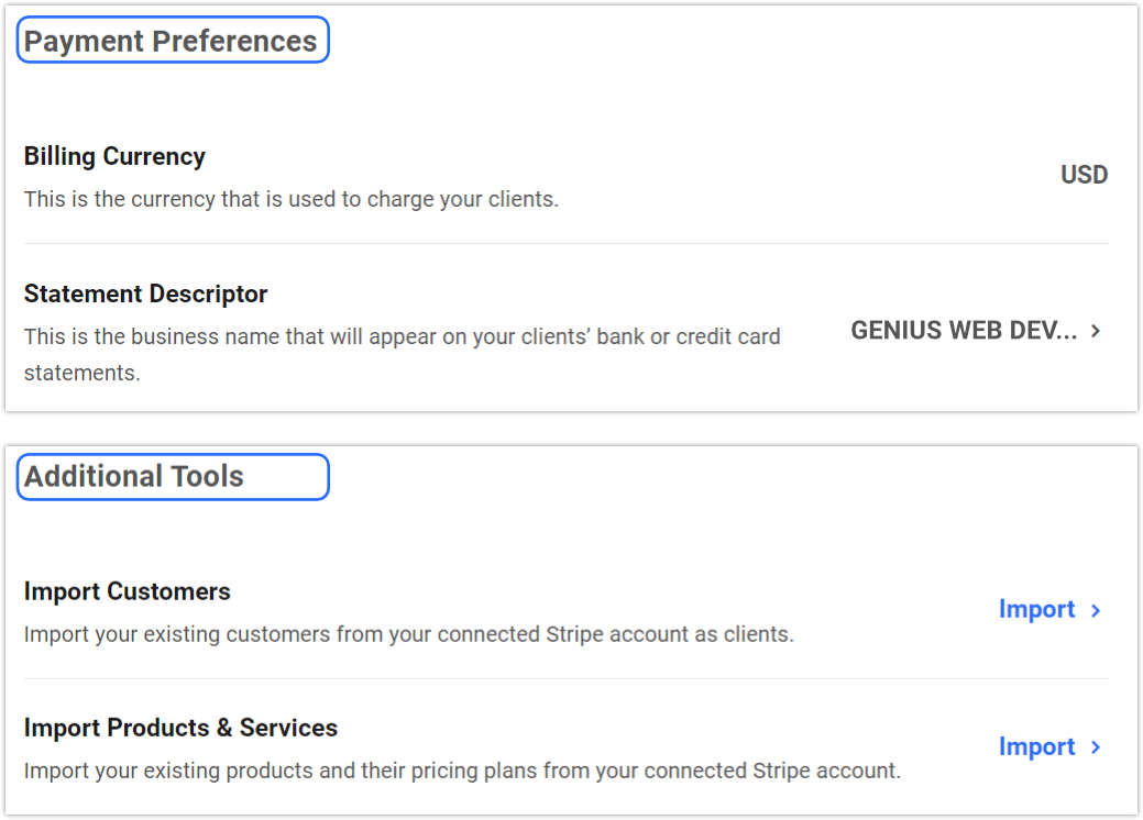 Stripe-Zahlungseinstellungen und zusätzliche Tools