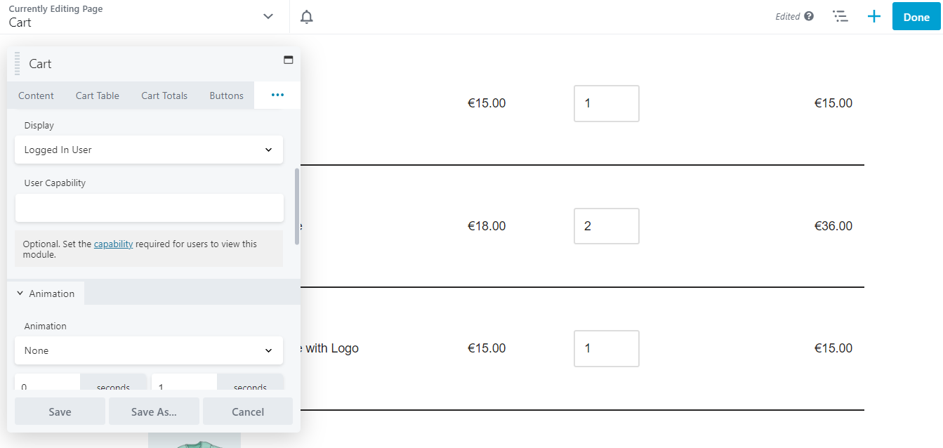 Die erweiterten Einstellungen für das Cart-Modul.