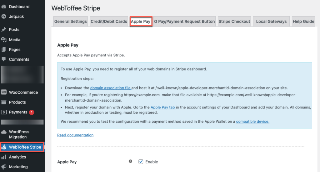 علامة تبويب Apple pay من WebToffee Stripe