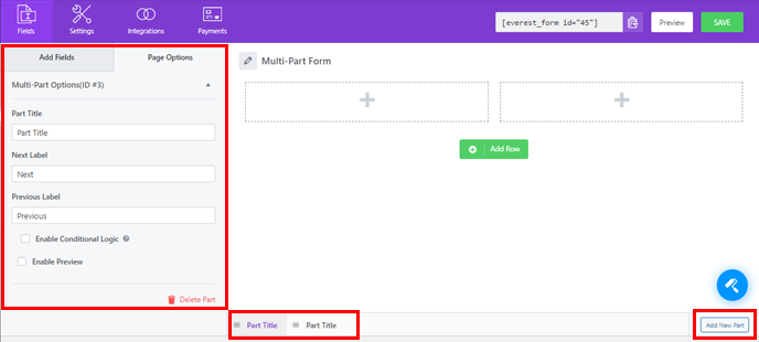 Configuración de opciones de varias partes