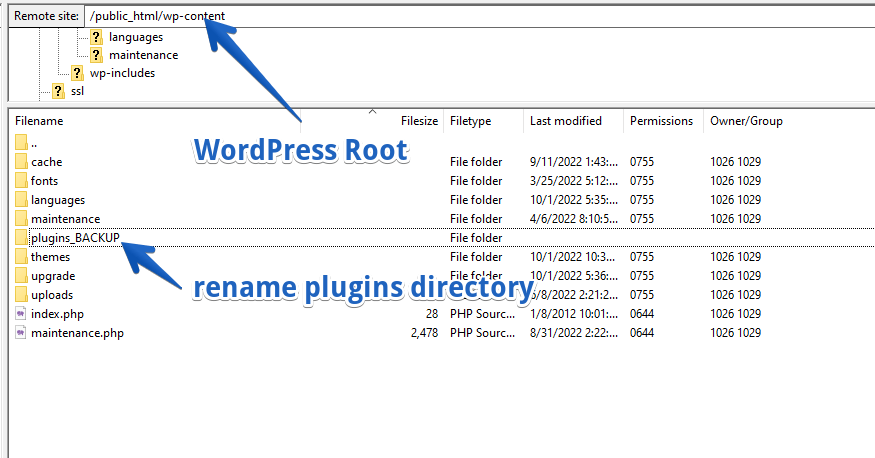 WordPress kurulumunuzun eklentilerini devre dışı bırakmak için eklenti dizini adını yeniden adlandırın