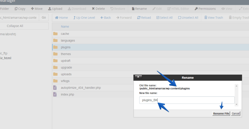 Ganti nama nama direktori plugin WordPress melalui File Manager