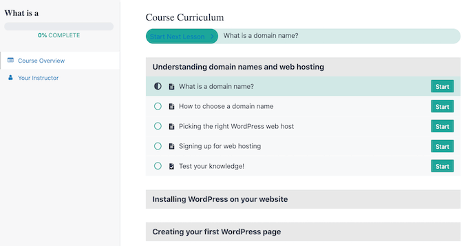 Un curriculum de curs creat folosind MemberPress LMS