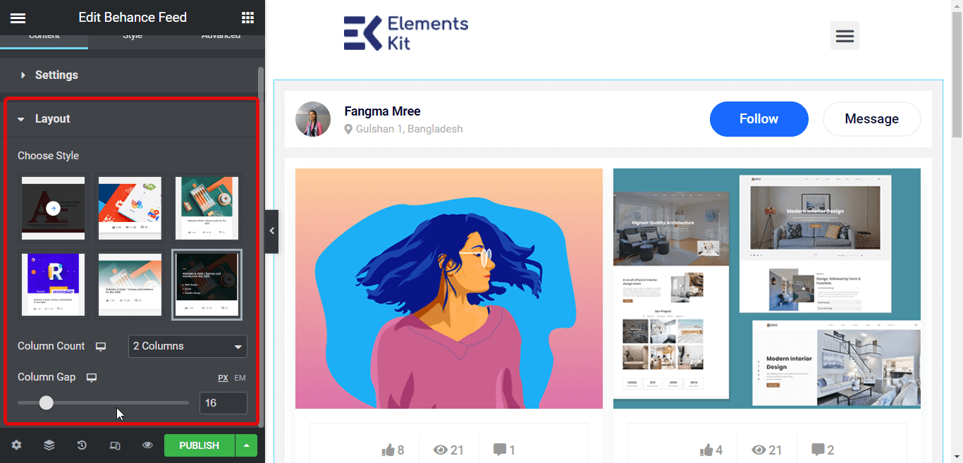 ElementsKit'in düzen ayarları behance besleme widget'ı