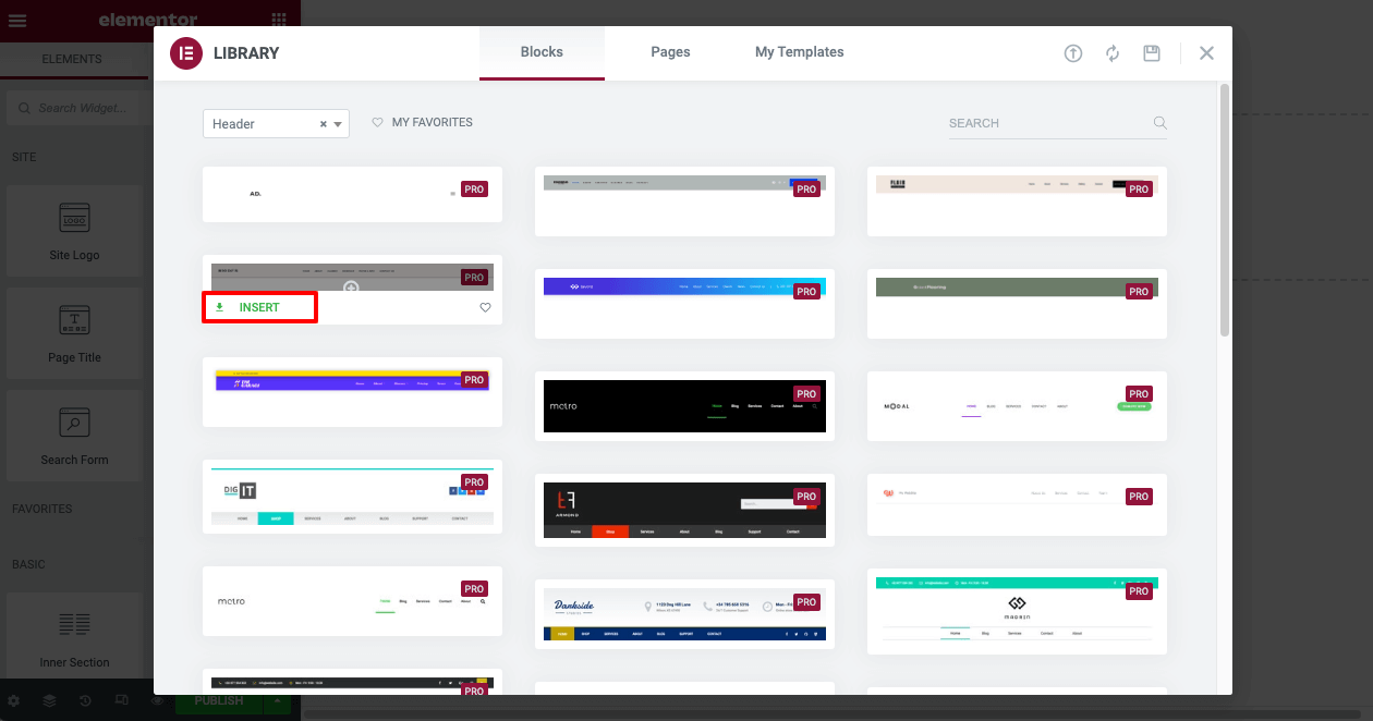 Insert a header template from the Elementor Library