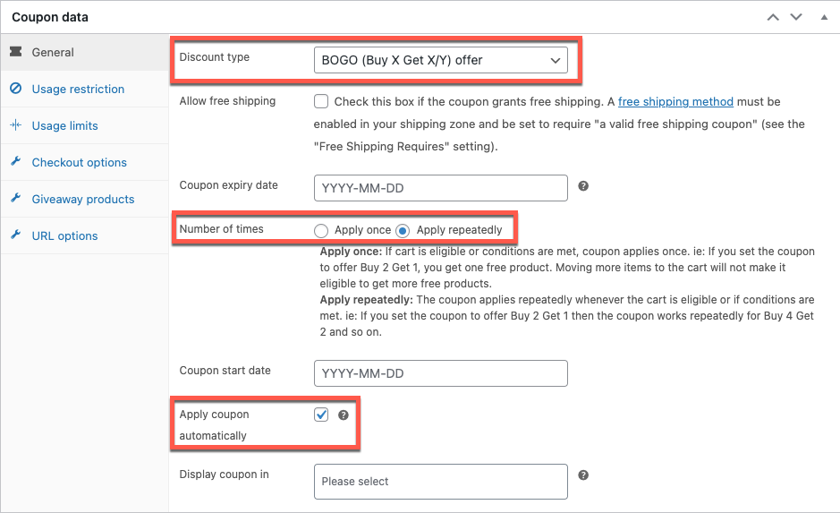 Configuración de cupones de bogo en WooCommerce