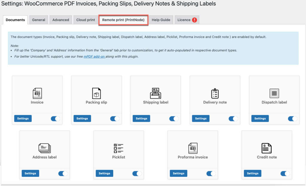 Pestaña de complemento de impresión remota en WooCommerce PDF facturas y albaranes