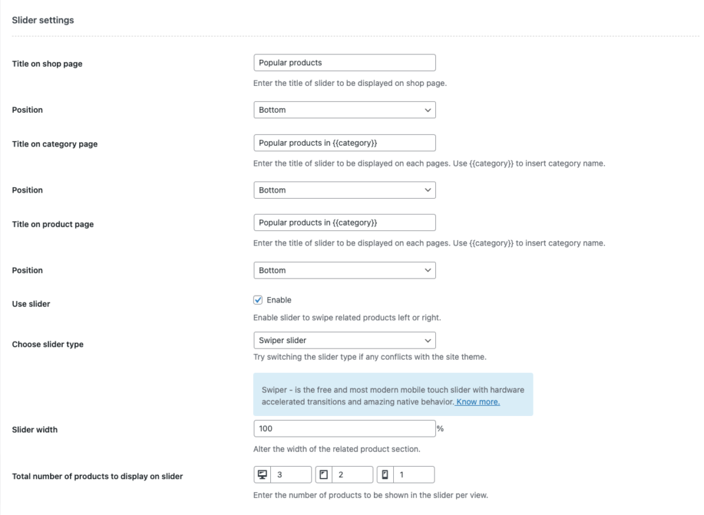 Configuración del control deslizante para mostrar productos populares