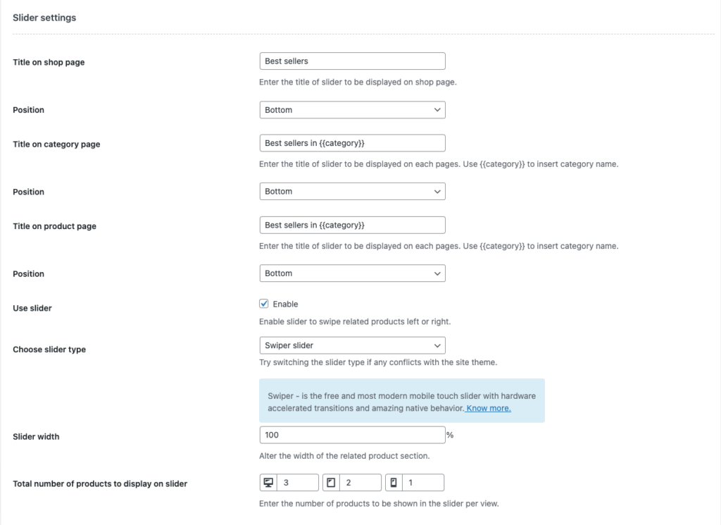 Configurações do controle deslizante do WooCommerce Best Seller