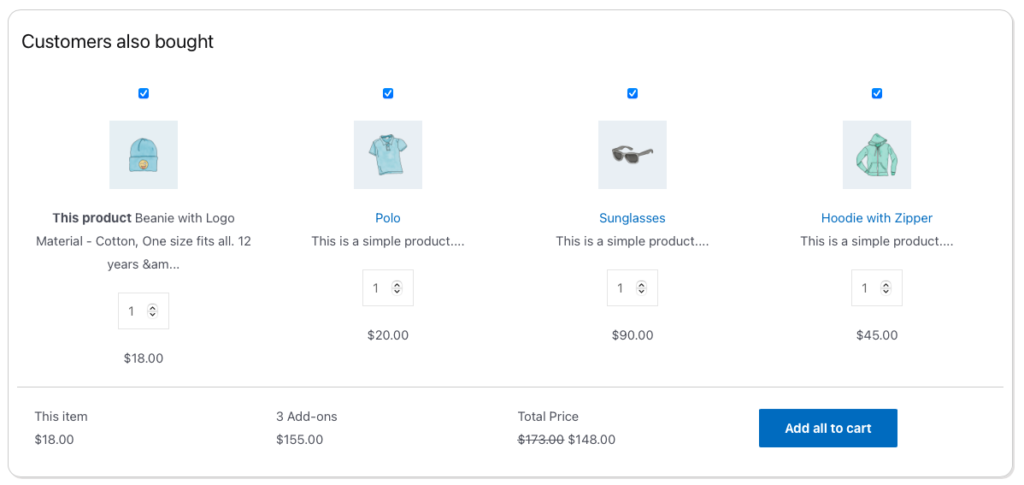 Diseño de muestra del widget de producto que los clientes de WooCommerce también compraron