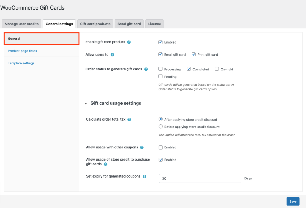 Configurações gerais do plug-in de cartões-presente WooCommerce