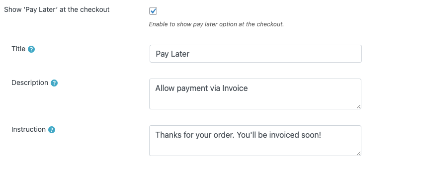 Opção Pagar depois no plug-in de fatura do WooCommerce