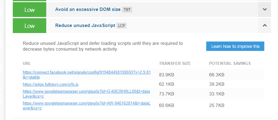 サイト上の未使用の JavaScript ファイルのリスト