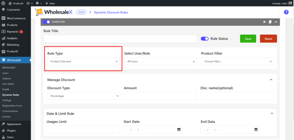 WholesaleX Rule Type Selection Product Discount