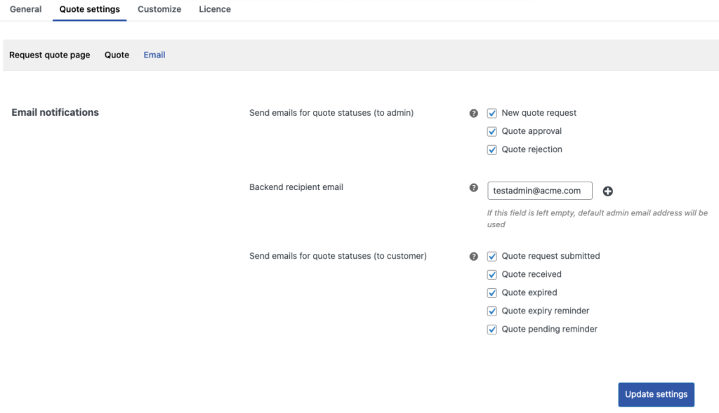 Configuración de notificación por correo electrónico de solicitud de cotización de WooCommerce