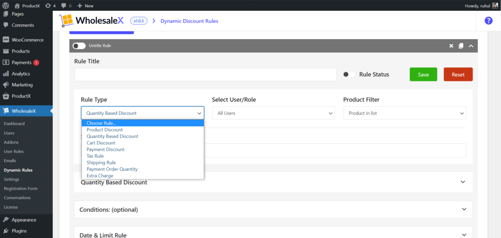 WholesaleX Rule Type Selection