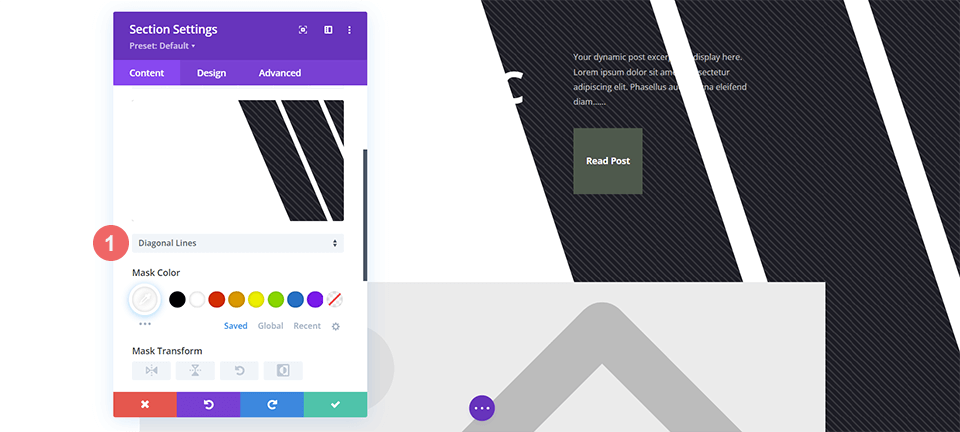 Choisir le masque d'arrière-plan des lignes diagonales pour la conception de l'en-tête du blog Divi Corporate