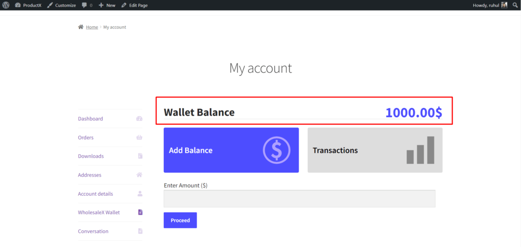 WholesaleX Wallet Balance