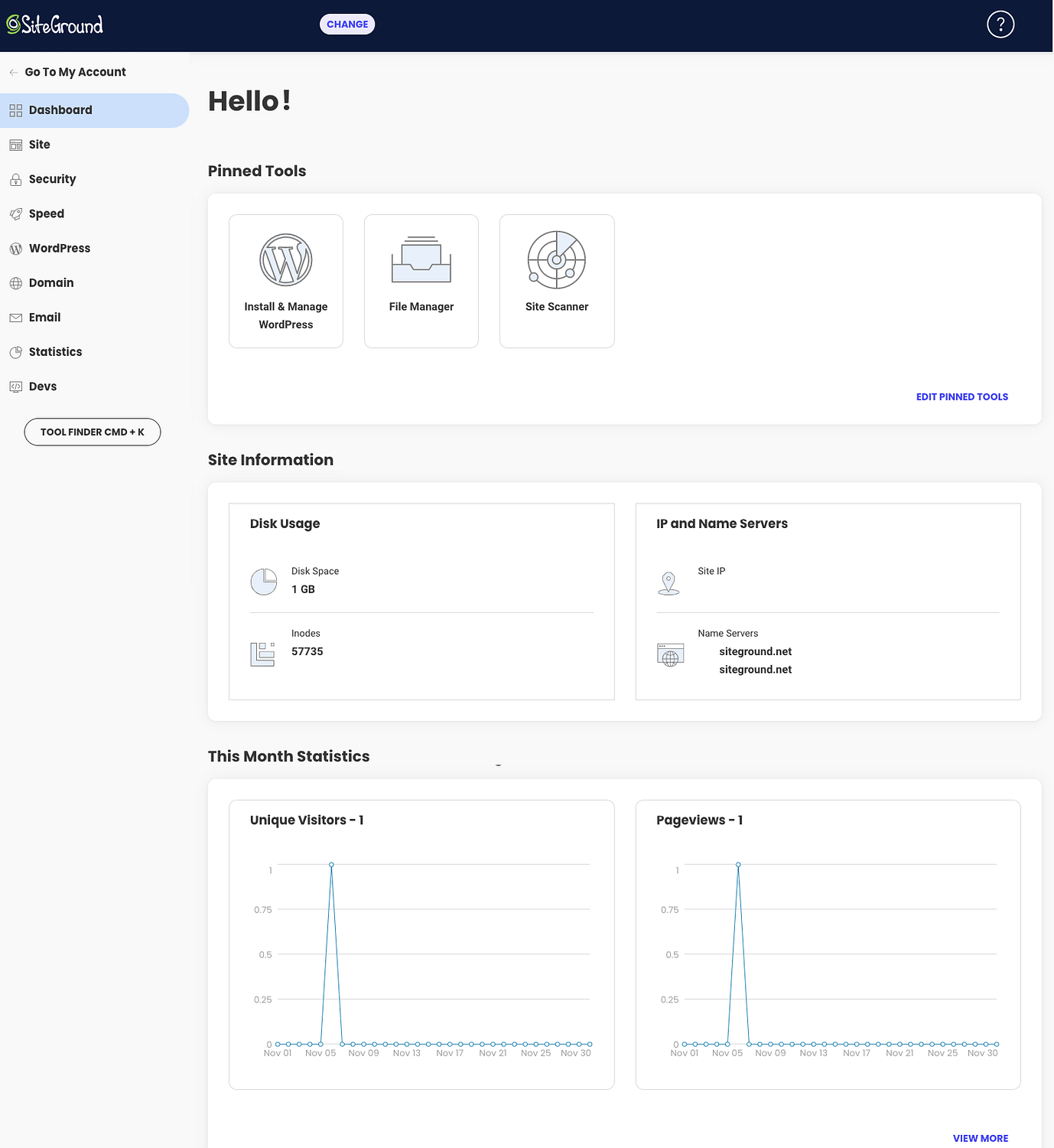 Первая страница панели инструментов SiteGround