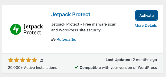 активация плагина Jetpack Protect