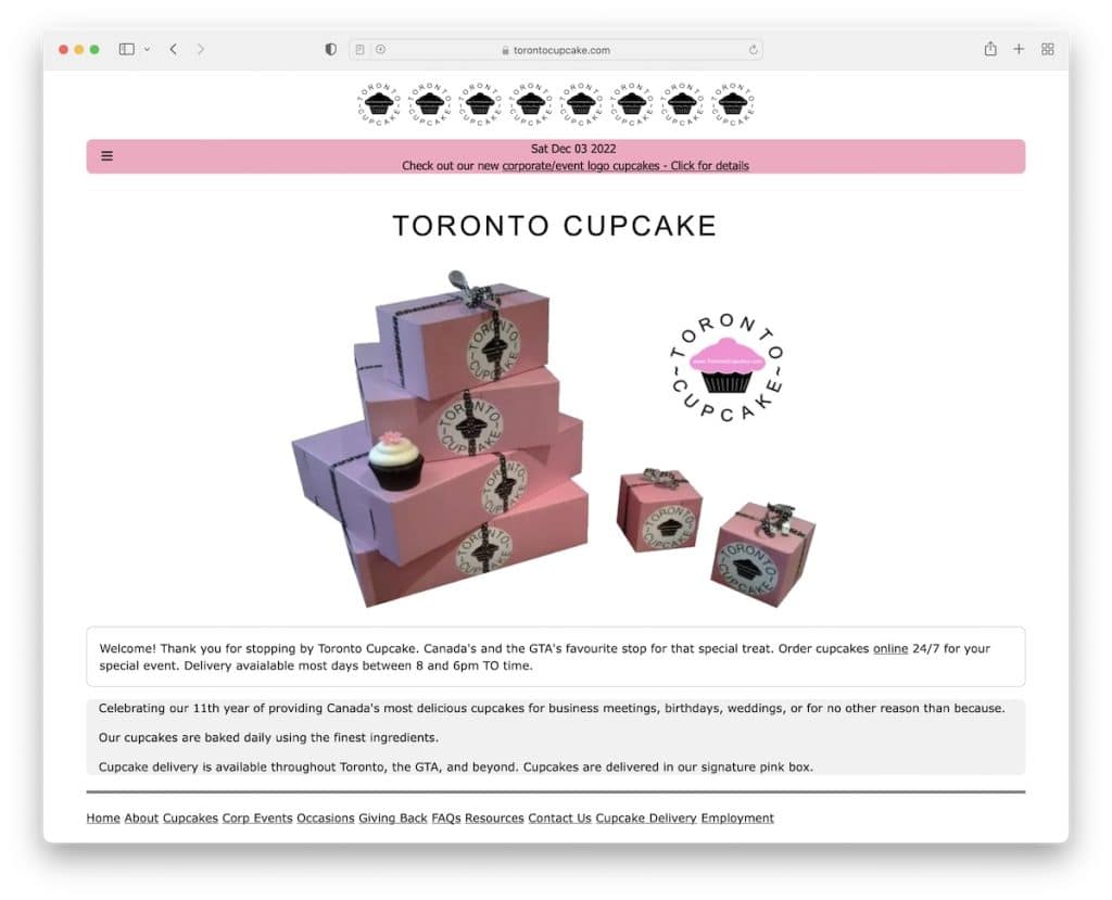 toronto cupcake mauvaise conception de site Web