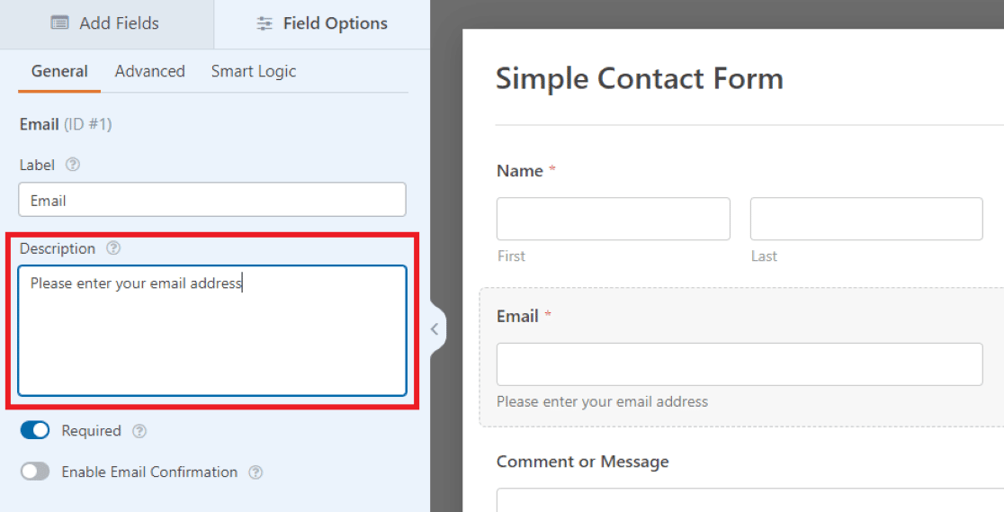 Editing the Description in field General settings