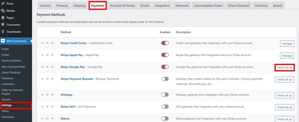 включить настройку Google Pay на WooCommerce