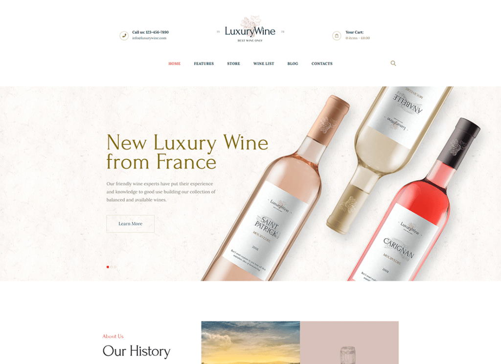 Vin de luxe - Thème WordPress pour magasin d'alcools et vignoble