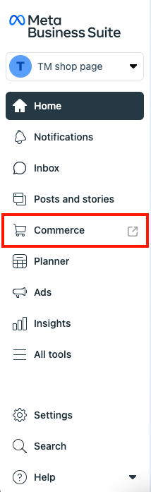 Wählen Sie die Registerkarte „Commerce“ auf der Seite „Meta Business Suite“.