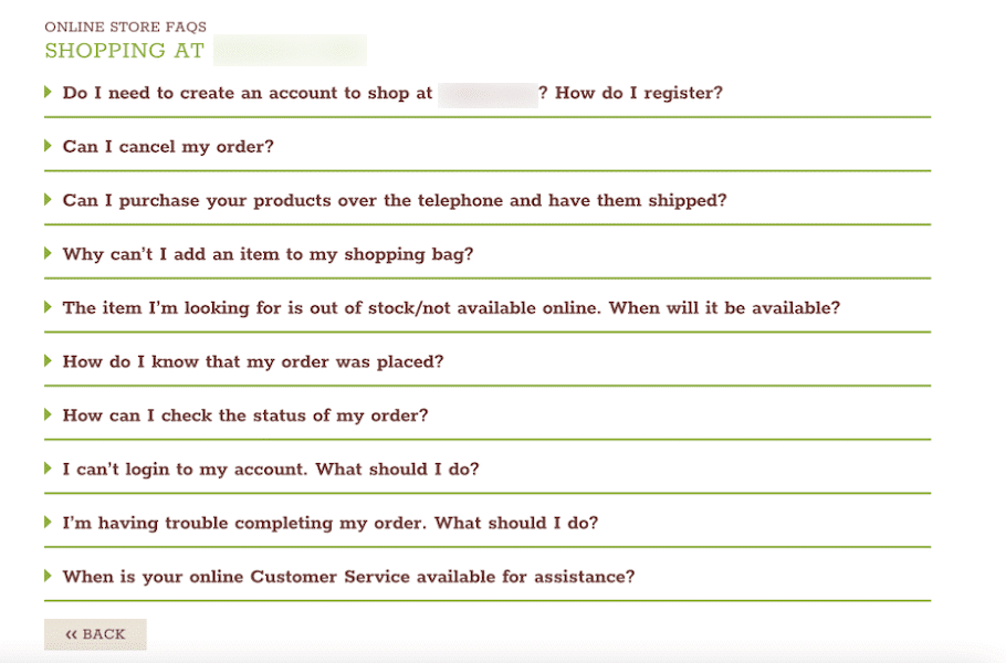 Capture d'écran montrant la section FAQ d'Eataly sur leur site Web