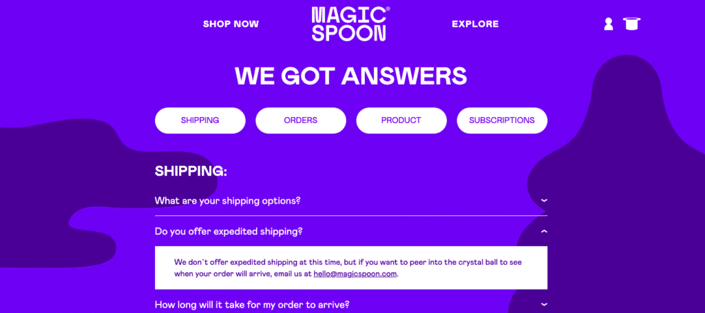 Capture d'écran montrant la page FAQ bien organisée de Magic Spoon