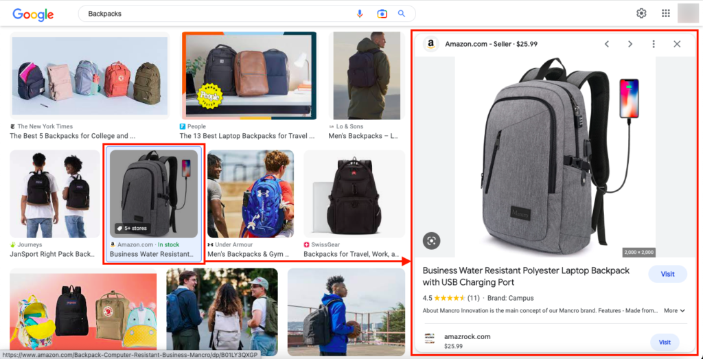 Listagem de produtos no Imagens do Google