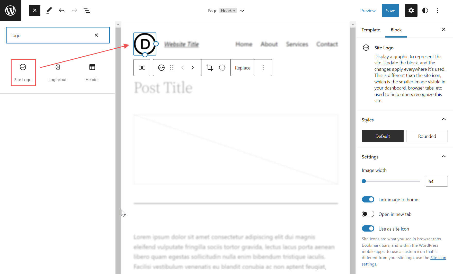 Wordpress site logosu blok önizleme