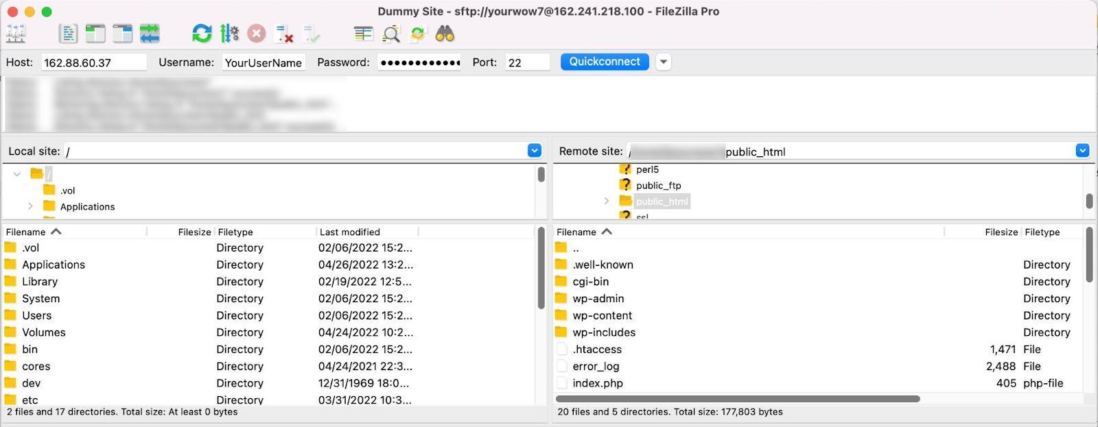 FileZilla 経由で表示される public_html フォルダーの例