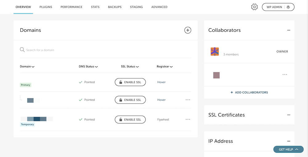 サイトとオプションのリストを示す Flywheel の概要ページ。