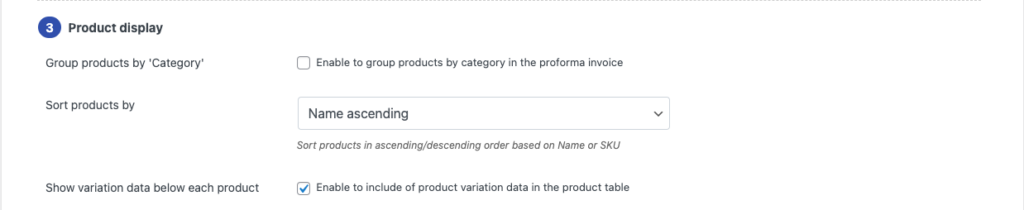 Configurações de exibição do produto para fatura proforma WooCommerce