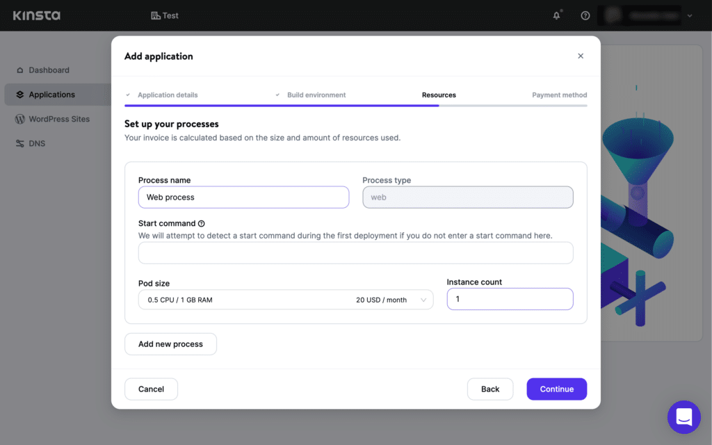 Proceso de configuración de la aplicación MyKinsta