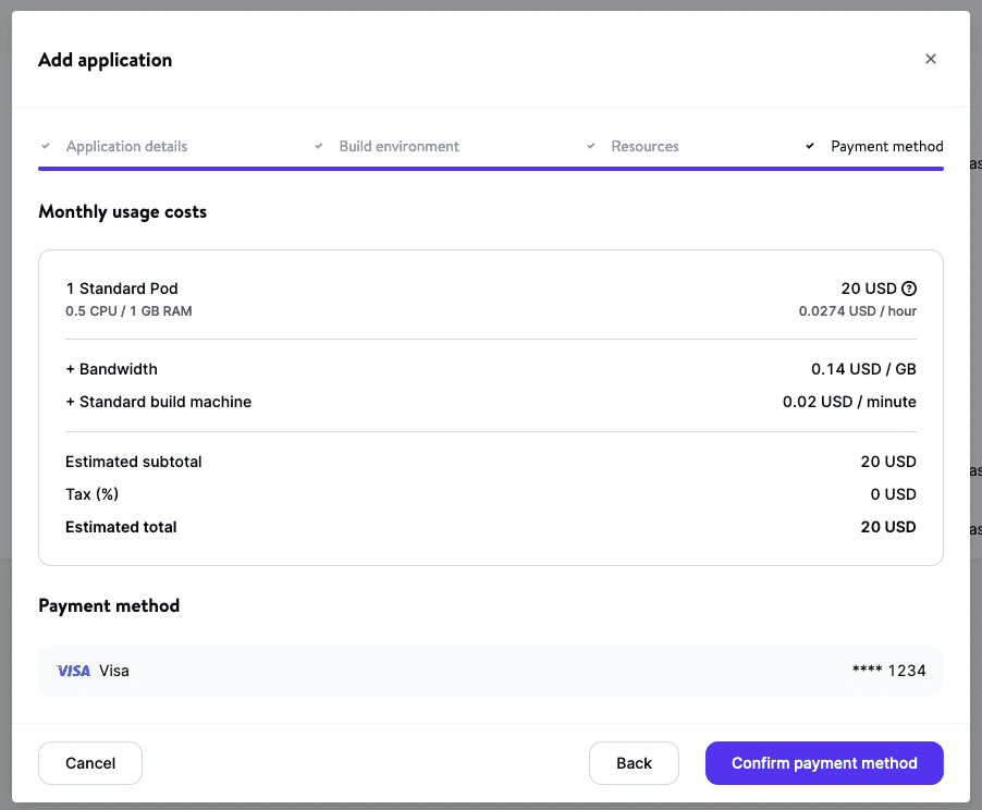 Confirmando detalles de pago para MyKinsta