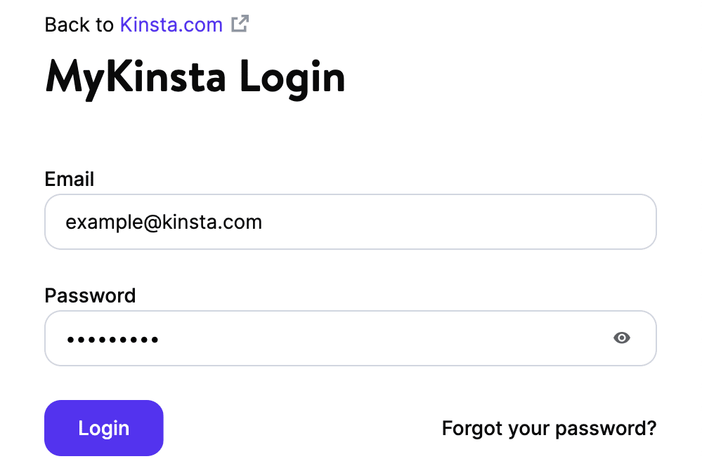 Página de inicio de sesión de MyKinsta