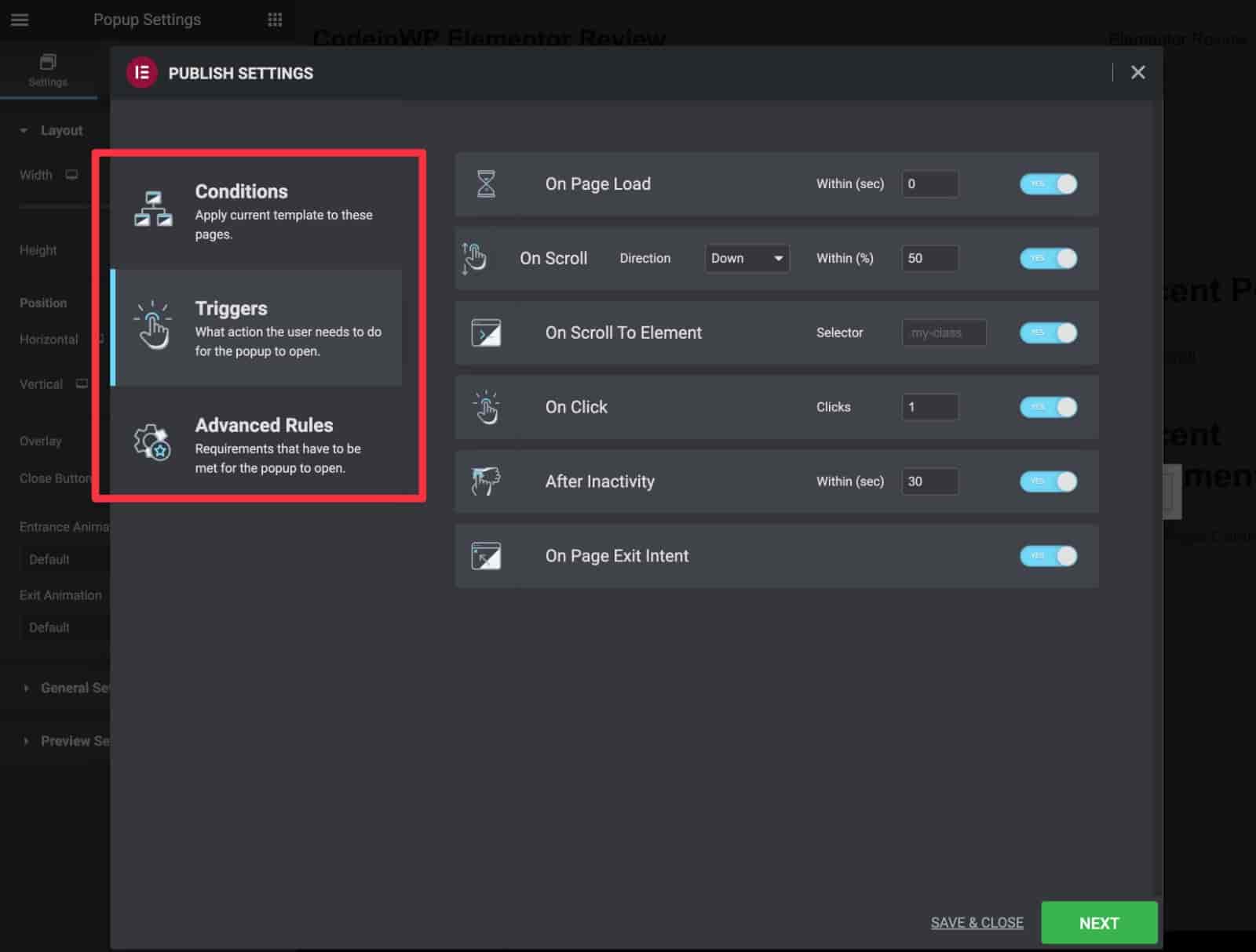 Revisión de Elementor de las opciones de activación del generador de ventanas emergentes