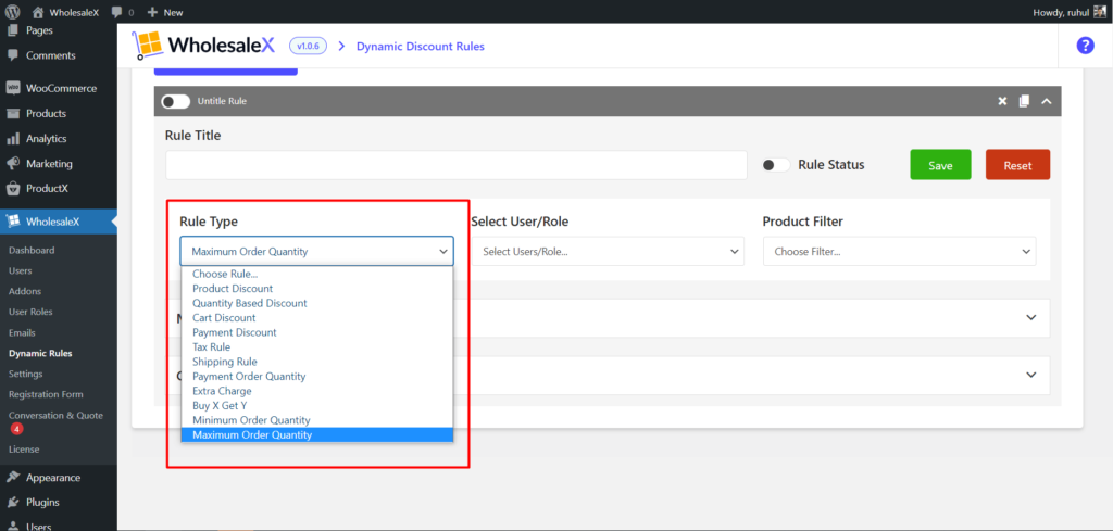 WholesaleX Selecting Maximum Order Quantity Rule Type