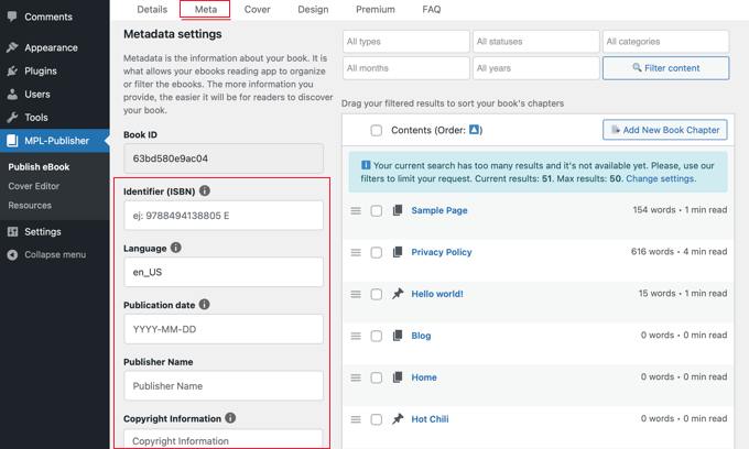 Entering the Book Metadata in MPL-Publisher