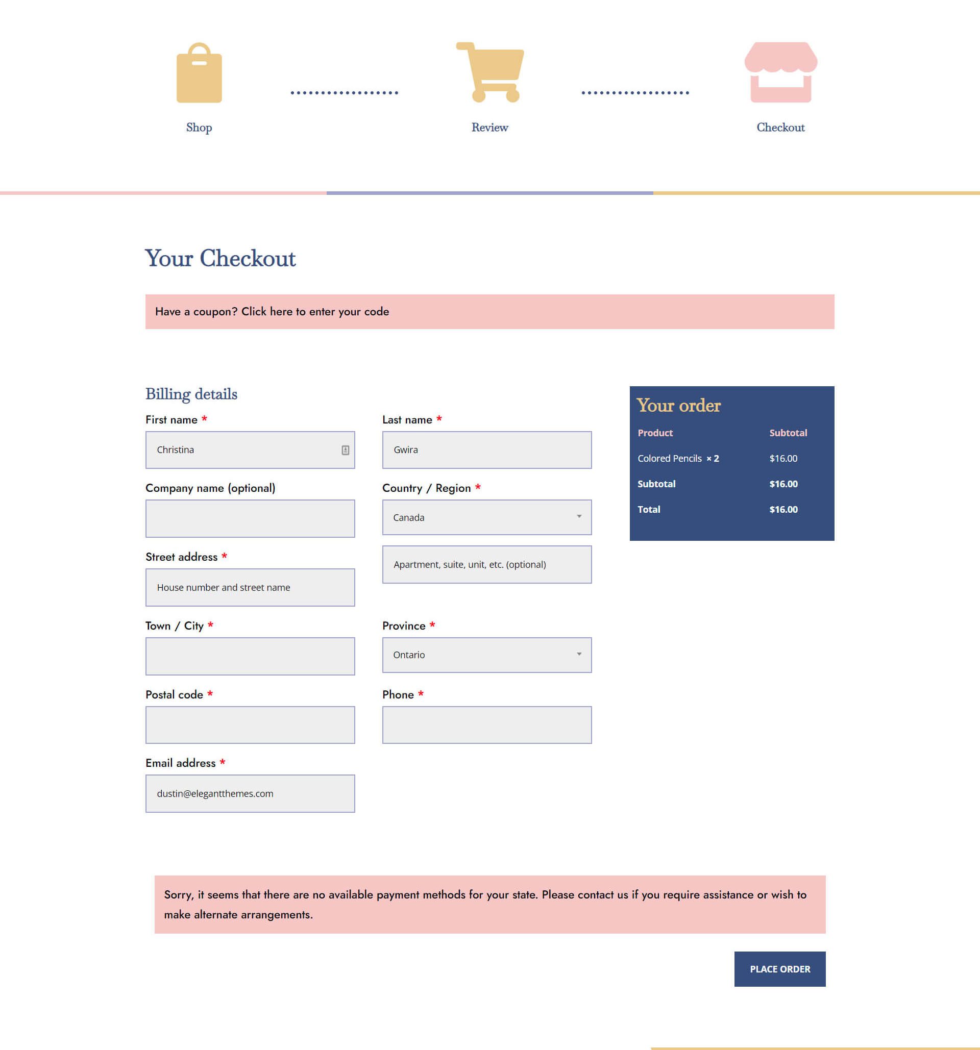 Divi Toy Store Checkout-Seite mit Warenkorb-Flow-Timeline - Checkout-Vorlage